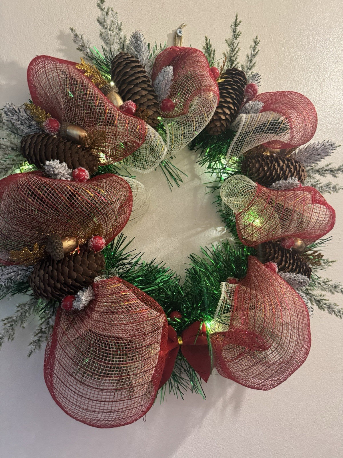 Artificial Christmas Wreath Pine Cone with Mesh and Lights for Front Door Decor