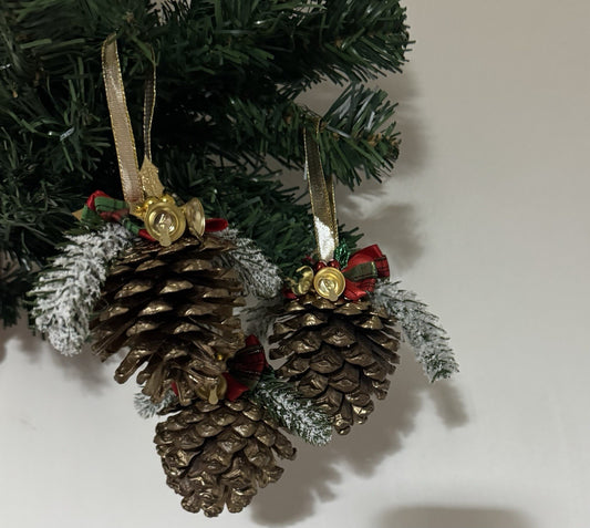 Set of 6 Handmade Pine Cone Christmas Ornaments with Bells & Festive Bows Rustic