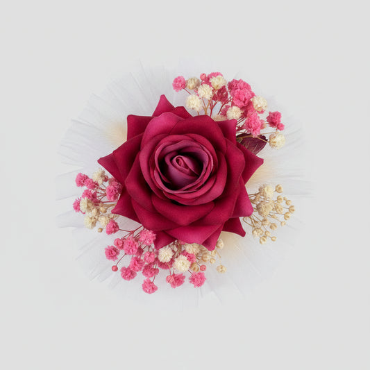 Red Rose Wrist Corsage with Baby's Breath – Handmade Wedding Prom Floral Bracelet