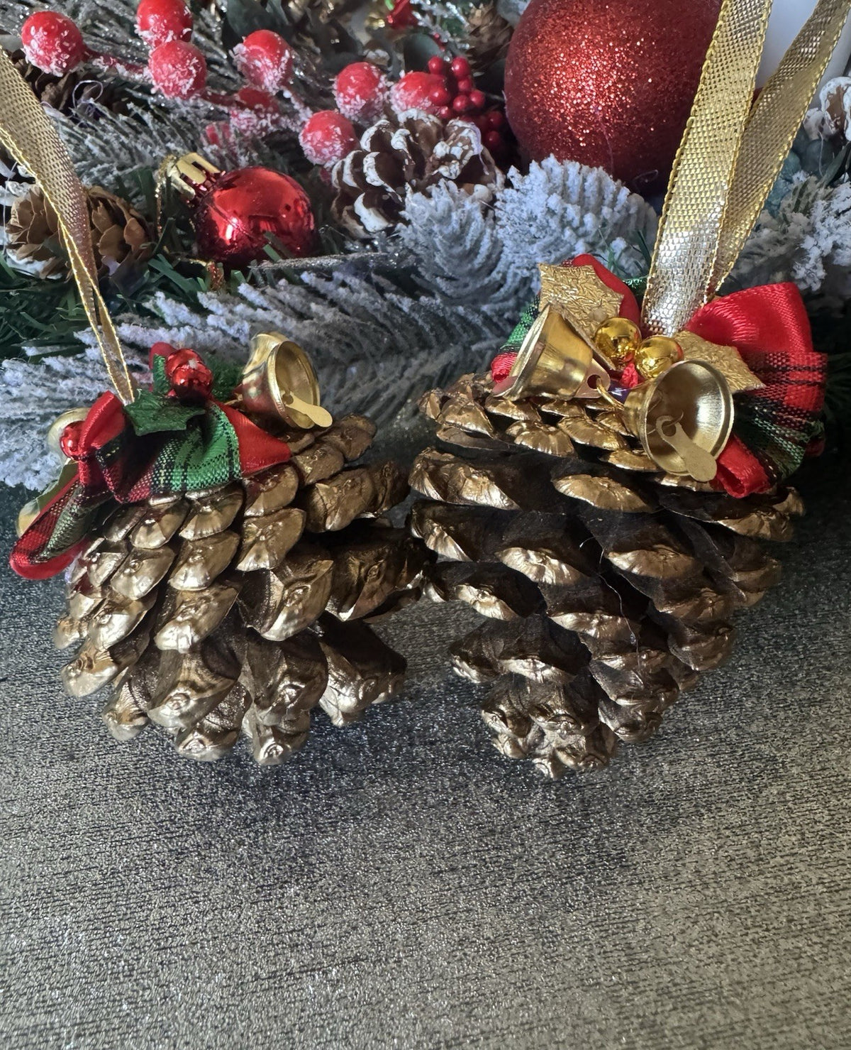 Set of 6 Handmade Pine Cone Christmas Ornaments with Bells & Festive Bows Rustic