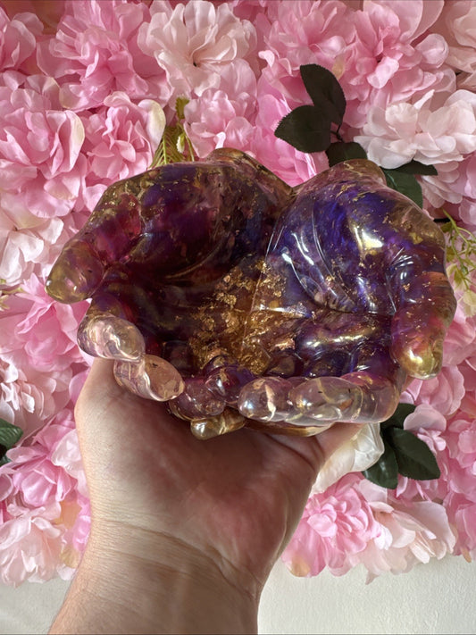 Handmade Resin Hands Bowl with Dried Roses & Gold Leaf Gift for Her, Home Decor