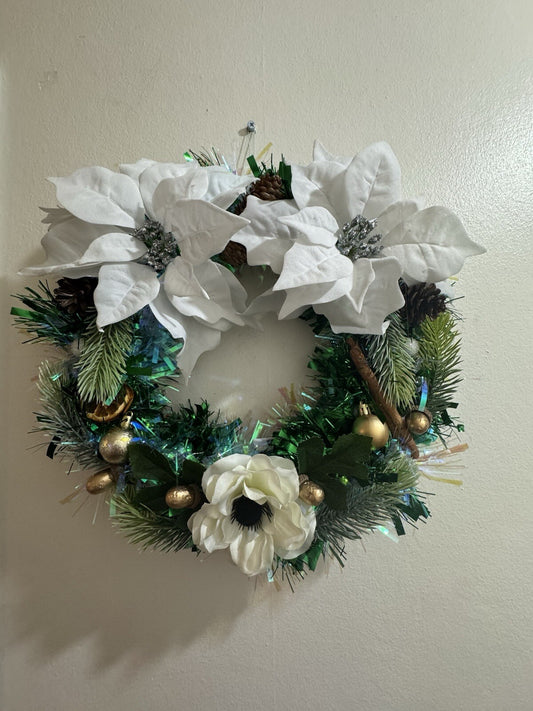 White Poinsettia Christmas Wreath with Lights for Front Door Elegant Decor