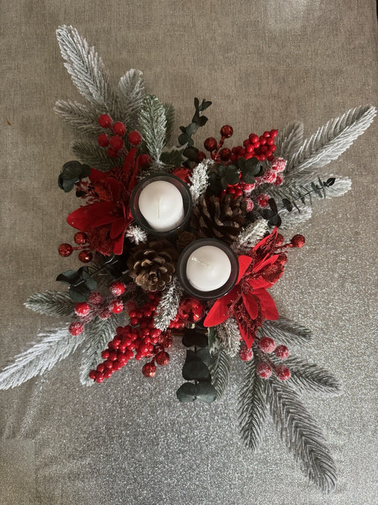Christmas Table Centerpiece Red and Green with 2 Candles Christmas Decoration UK