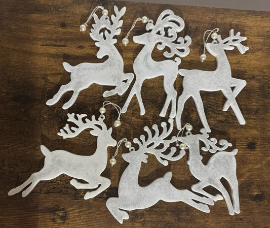 Set of 6 White & Silver Reindeer Christmas Tree Hanging Decorations with Pearl