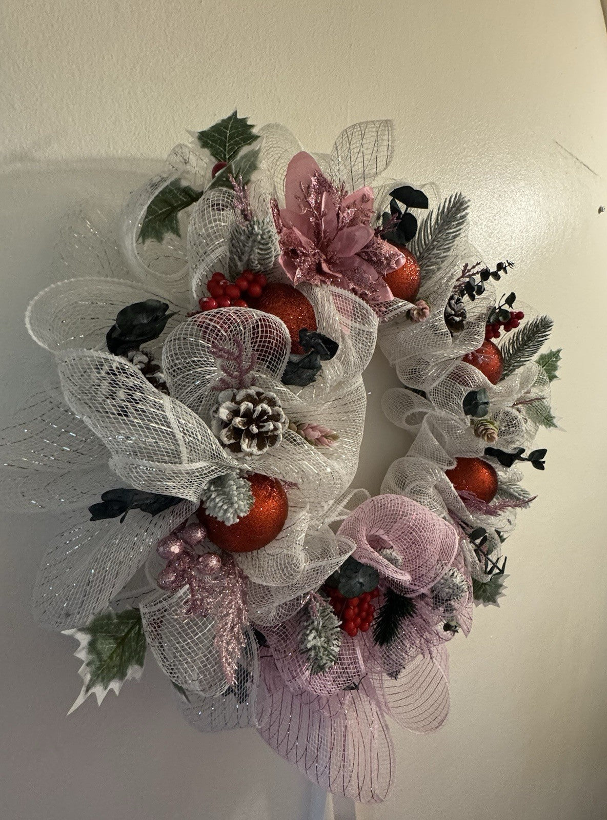 Handmade Christmas Mesh Wreath Pink & White with Red Baubles & Pinecones 40 CM