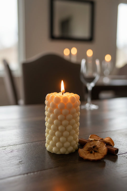 Handmade Apple Cinnamon Bubble Pillar Candle Ivory Home Decor Gift