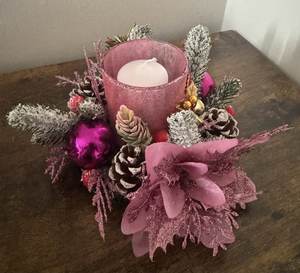 Handmade Pink Christmas Candle Centrepiece Festive Table Decoration Home Decor