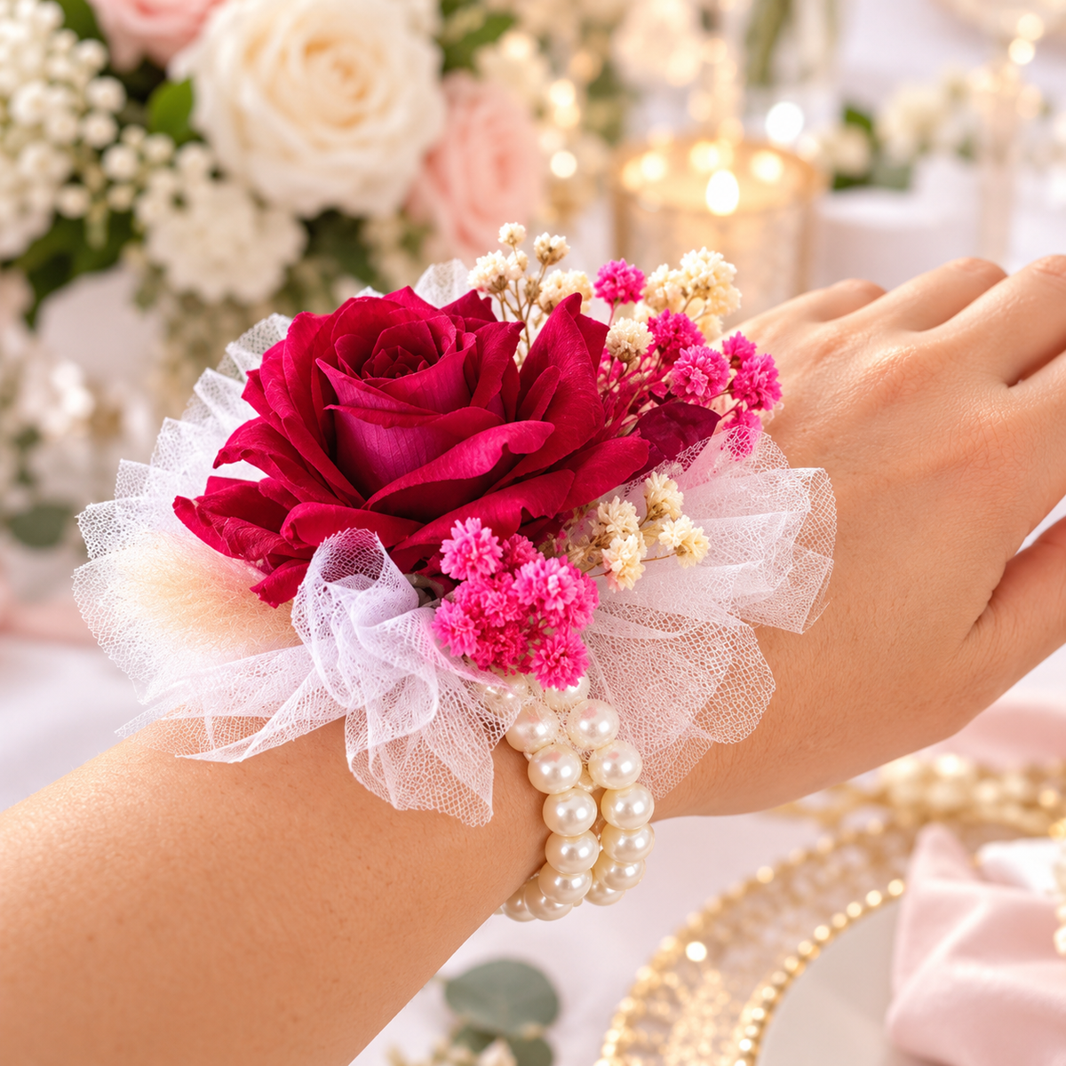Red Rose Wrist Corsage with Baby's Breath – Handmade Wedding Prom Floral Bracelet