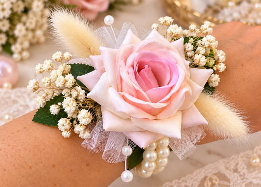 Pink Wrist Corsage with Dried Flowers for Bridesmaids & Mother of the Bride