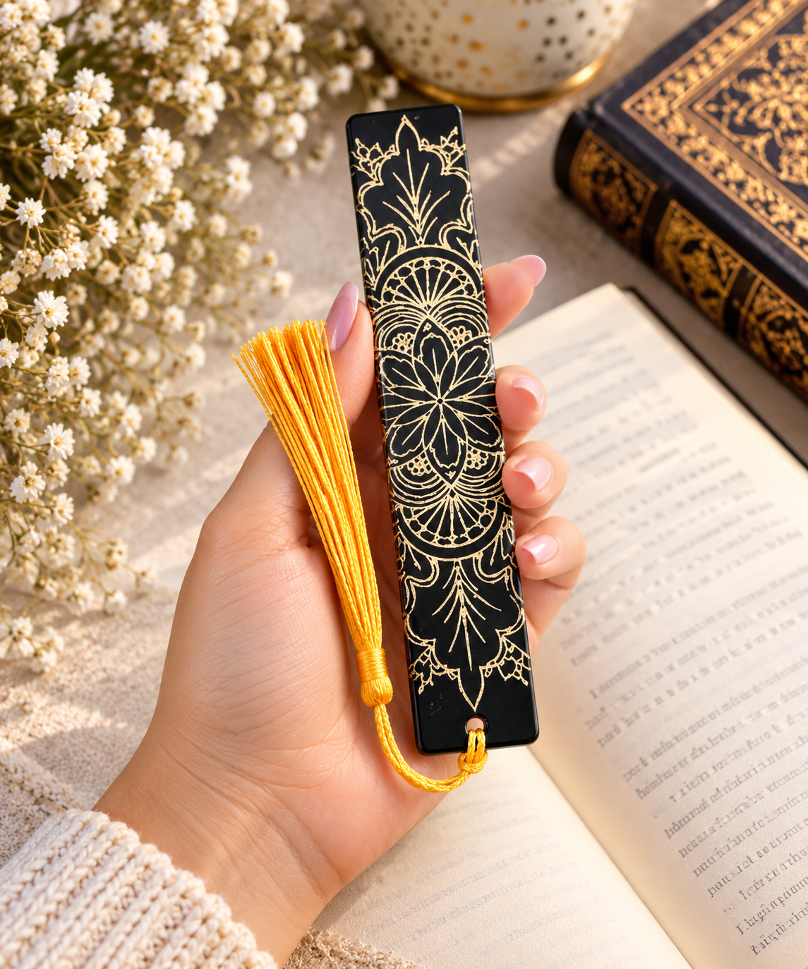 Bookmarks Black Background And Gold Embossed Stripe