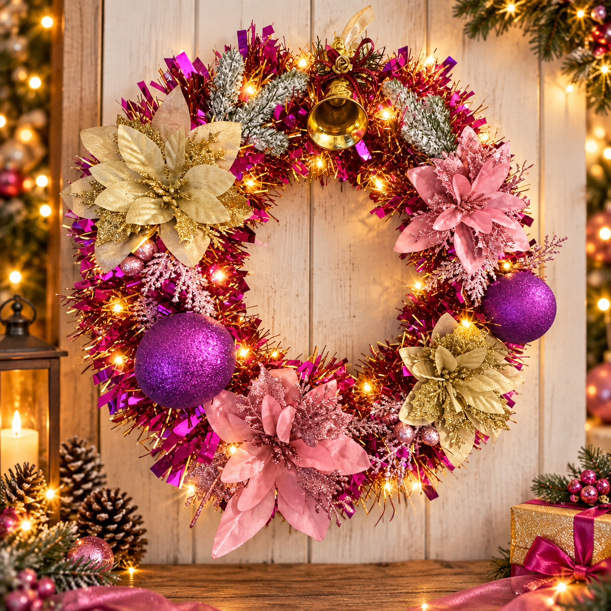 Handmade Pink & Gold Christmas Wreath with LED Lights – 40 cm