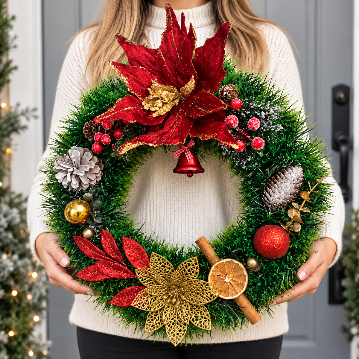 40cm Christmas Door Wreath – Handmade Red, Green & Gold or Silver Festive Wreath with Lights