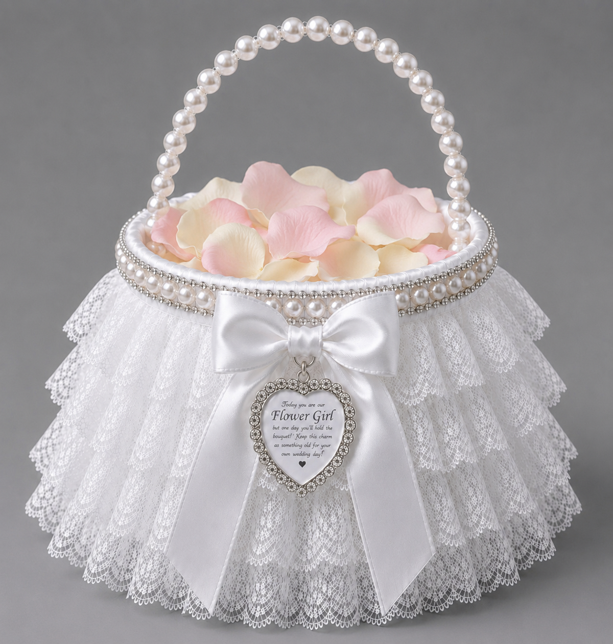 Personalised Flower Girl Basket with Keepsake Charm | Pearl Handle Wedding Basket | White Petal Basket