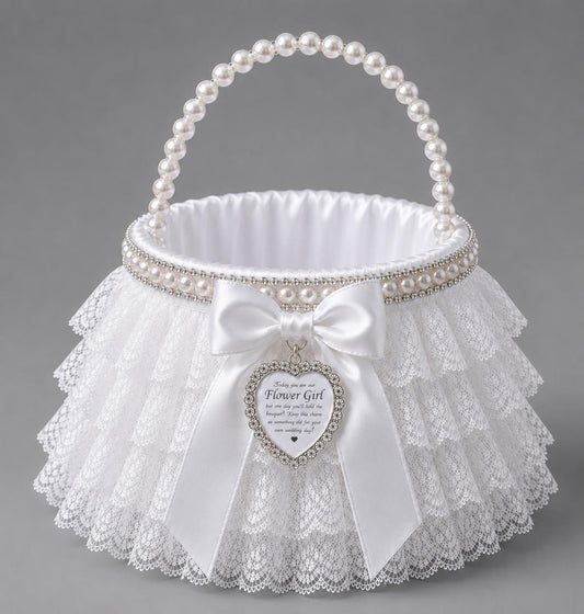 Personalised Flower Girl Basket with Keepsake Charm | Pearl Handle Wedding Basket | White Petal Basket