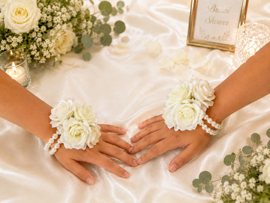 Flower Girl White Rose Wrist Corsage | Elegant Wedding Pearl Bracelet