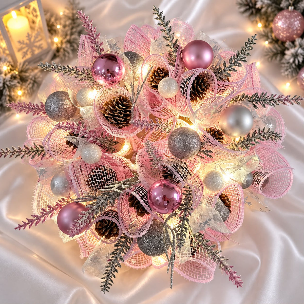 Luxury Pink & Silver Christmas Table Centrepiece β Handmade Festive Decoration with LED Lights