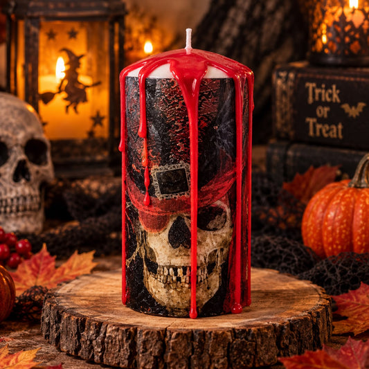Halloween Skull Pillar Candle – Handmade Gothic Candle with Red Wax Drips