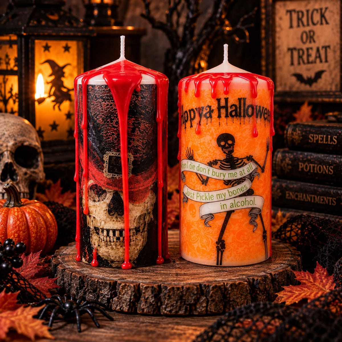 Handmade Halloween Pillar Candle – Spooky Skeleton Decor, Orange Gothic Candle