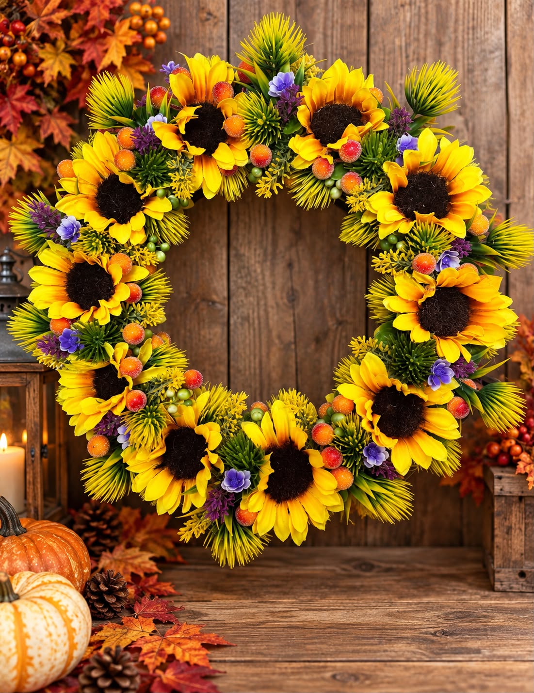 Handmade Sunflower Autumn Wreath With Lights