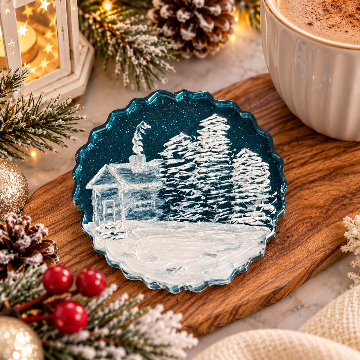 Handmade Winter Scene Resin Coasters – Set of 4 | Hand-Painted Christmas Home Decor