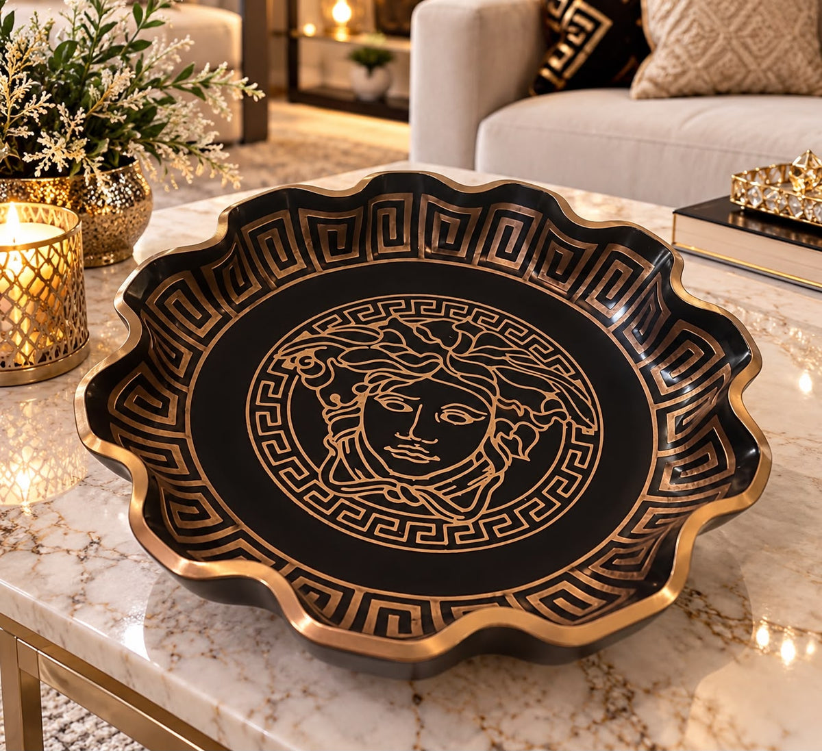Greek Key Decorative Fruit Bowl – Black Resin with Gold Accents