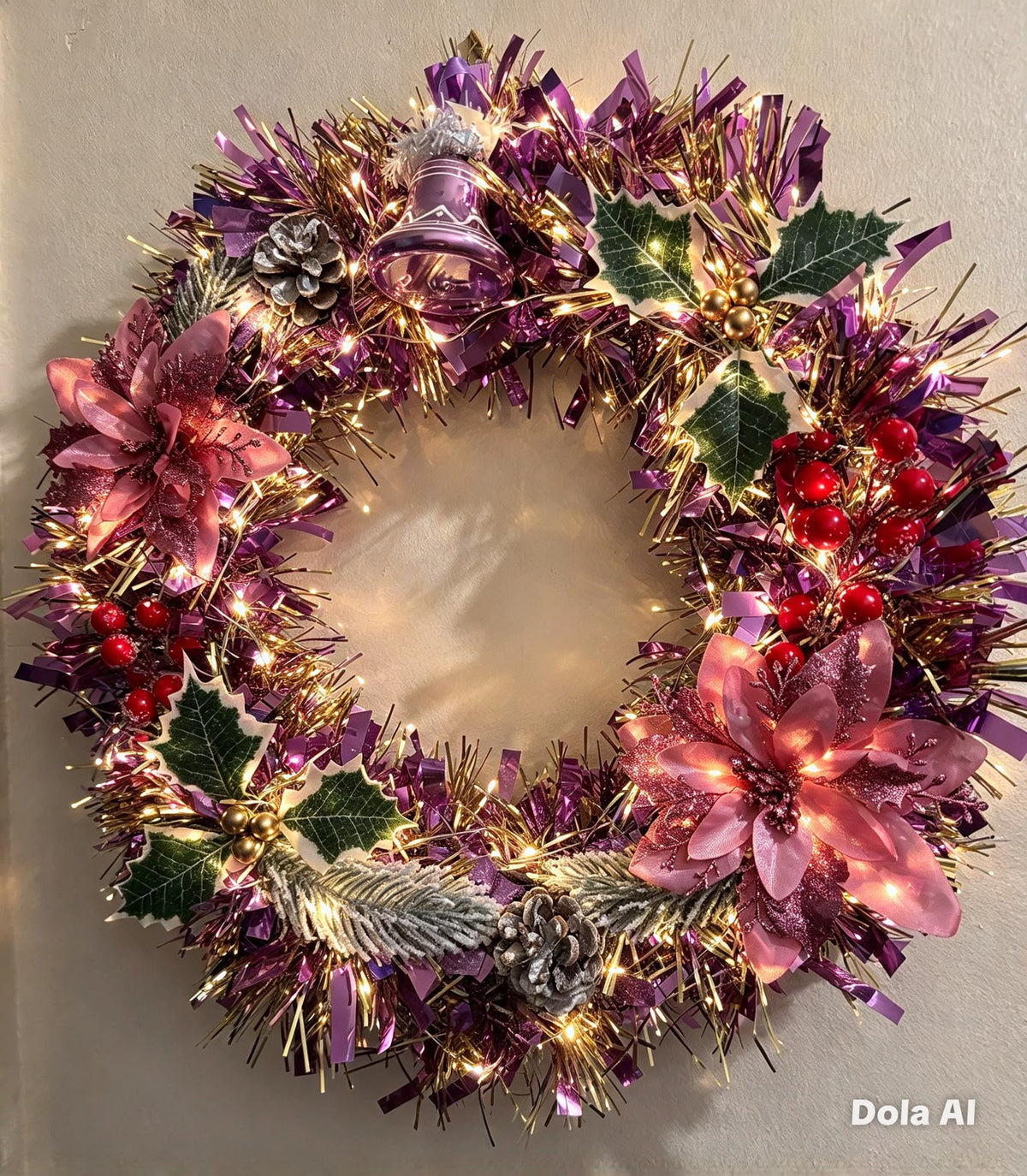 Handmade Pink Poinsettia Christmas Wreath with Bell & Berries – 35cm