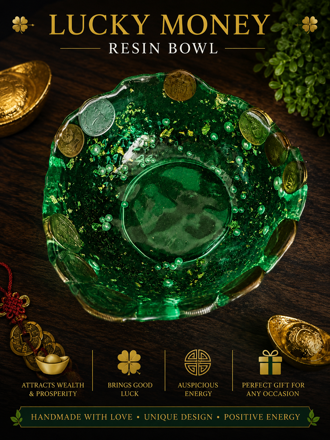Feng Shui Money Bowl – Green Wealth & Good Luck Decor
