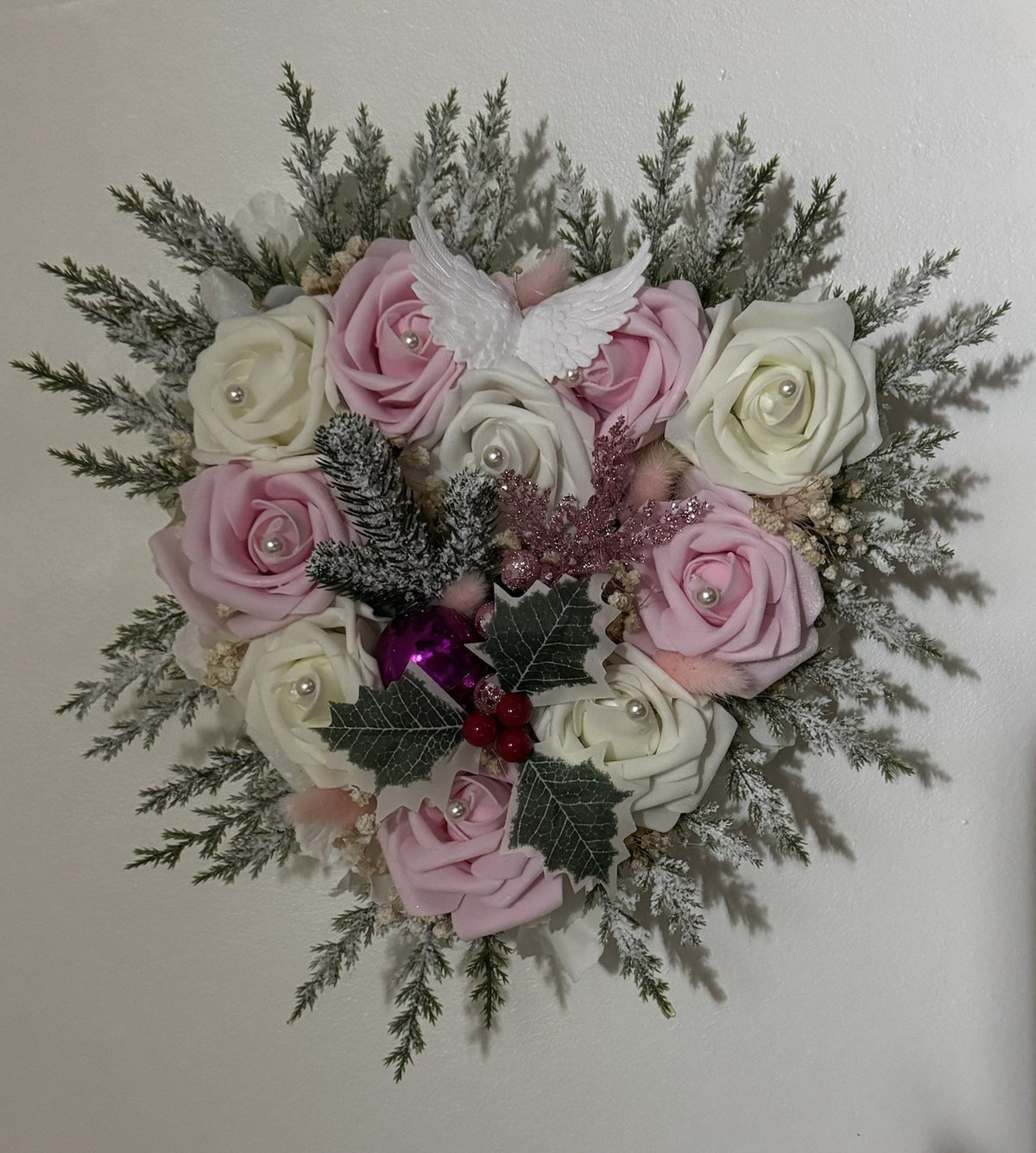 Handmade Christmas Funeral Wreath Heart Shaped Pink and White Dried Flowers
