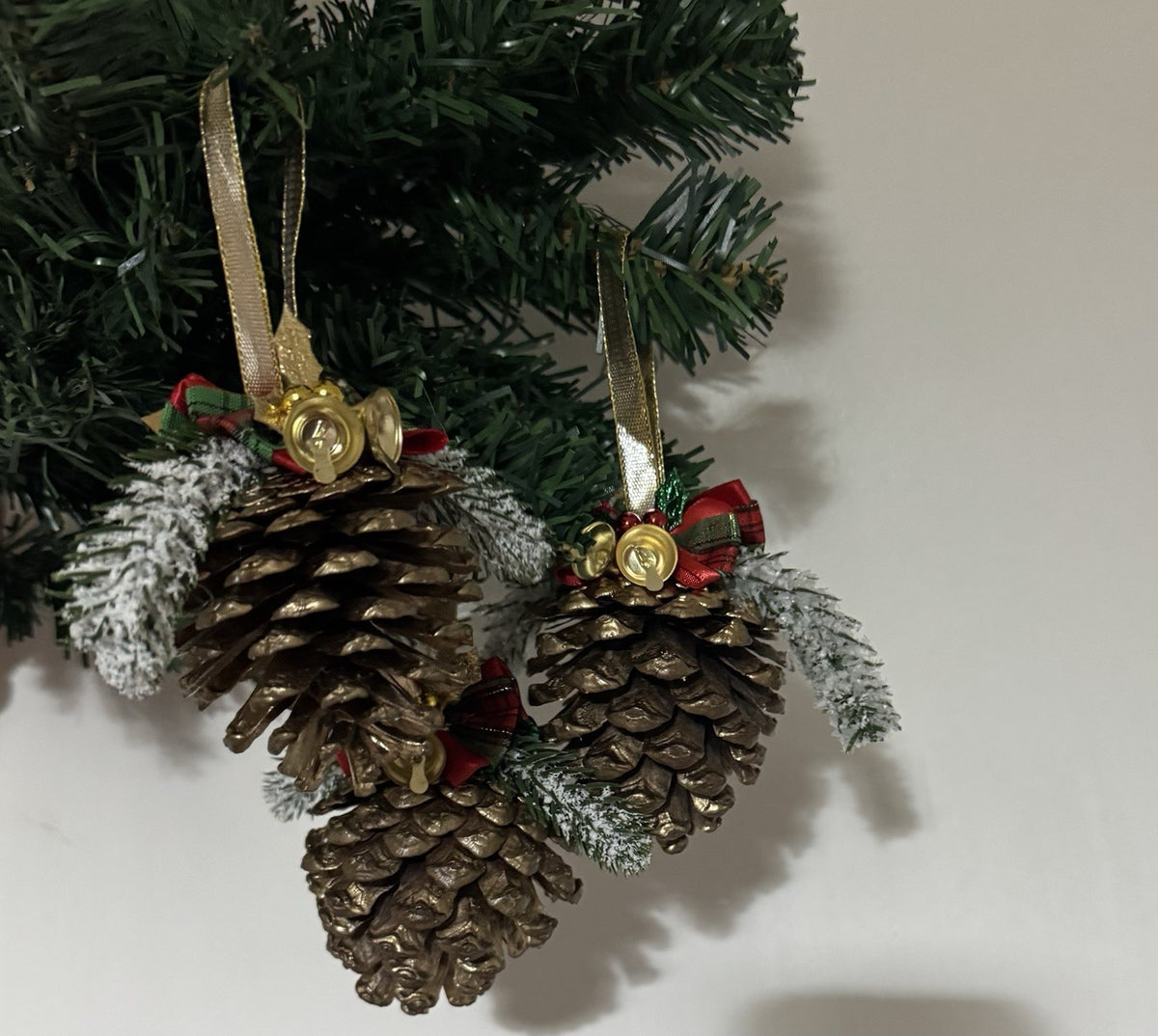 Set of 6 Handmade Pine Cone Christmas Ornaments with Bells & Festive Bows Rustic