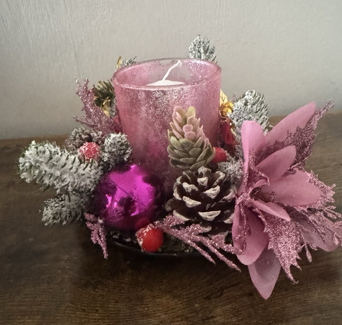 Handmade Pink Christmas Candle Centrepiece Festive Table Decoration Home Decor