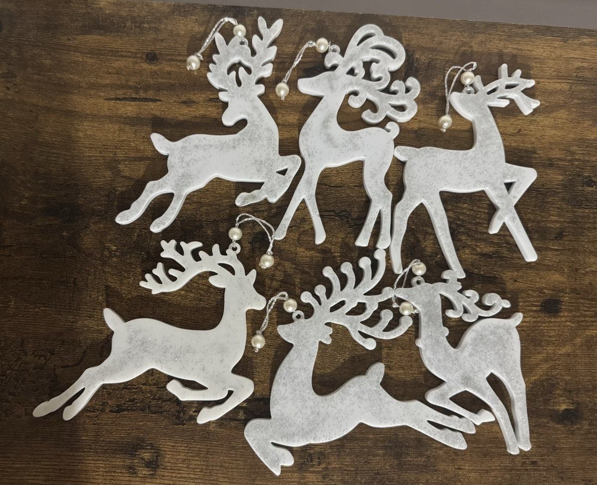 Set of 6 White & Silver Reindeer Christmas Tree Hanging Decorations with Pearl