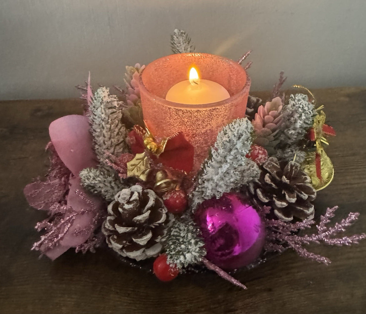 Handmade Pink Christmas Candle Centrepiece Festive Table Decoration Home Decor