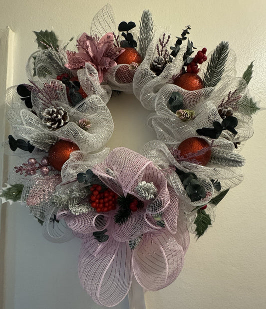 Handmade Christmas Mesh Wreath Pink & White with Red Baubles & Pinecones 40 CM