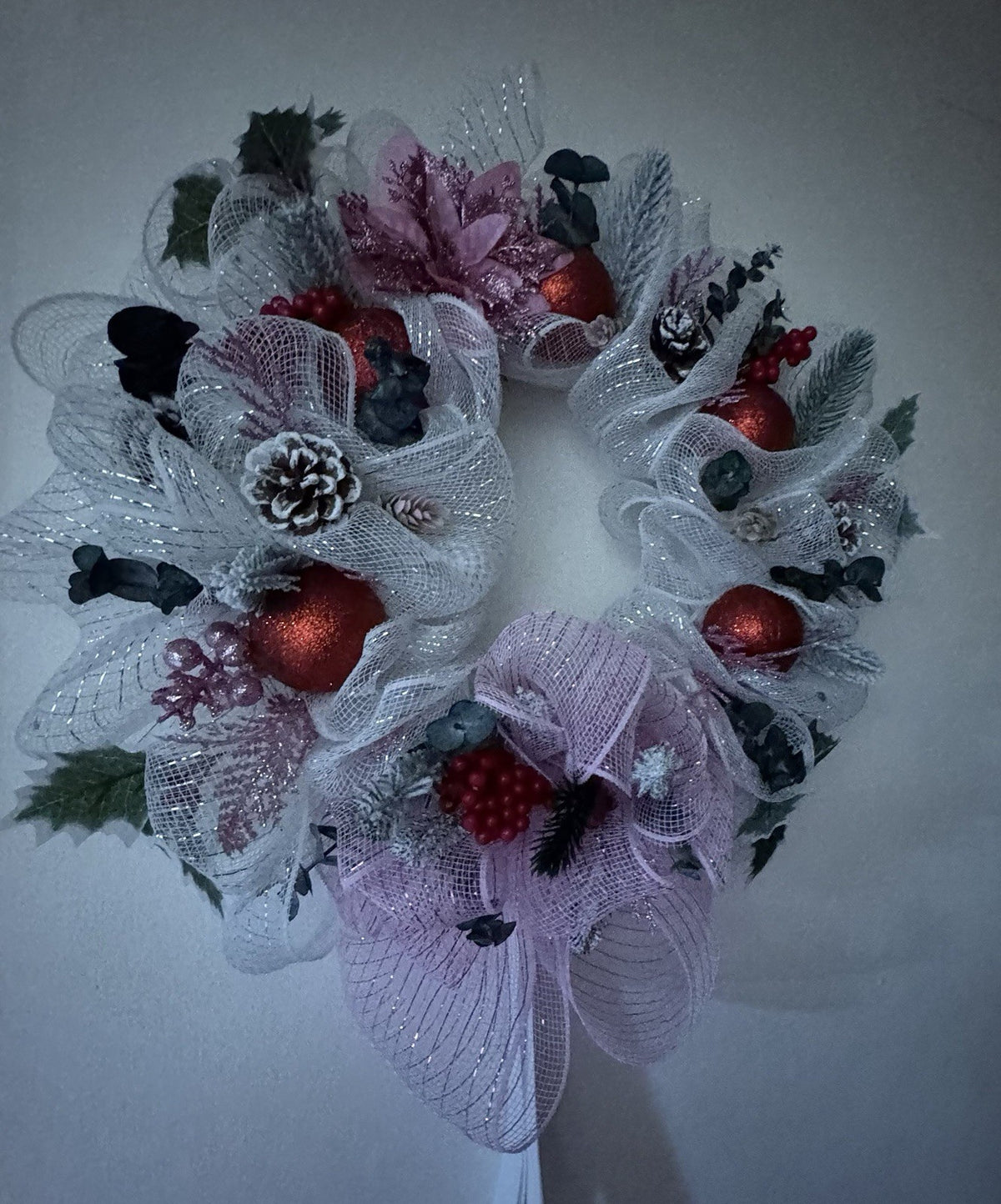 Handmade Christmas Mesh Wreath Pink & White with Red Baubles & Pinecones 40 CM
