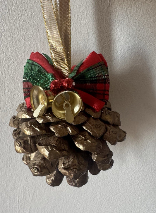 Set of 6 Handmade Pine Cone Christmas Ornaments with Bells & Festive Bows Rustic