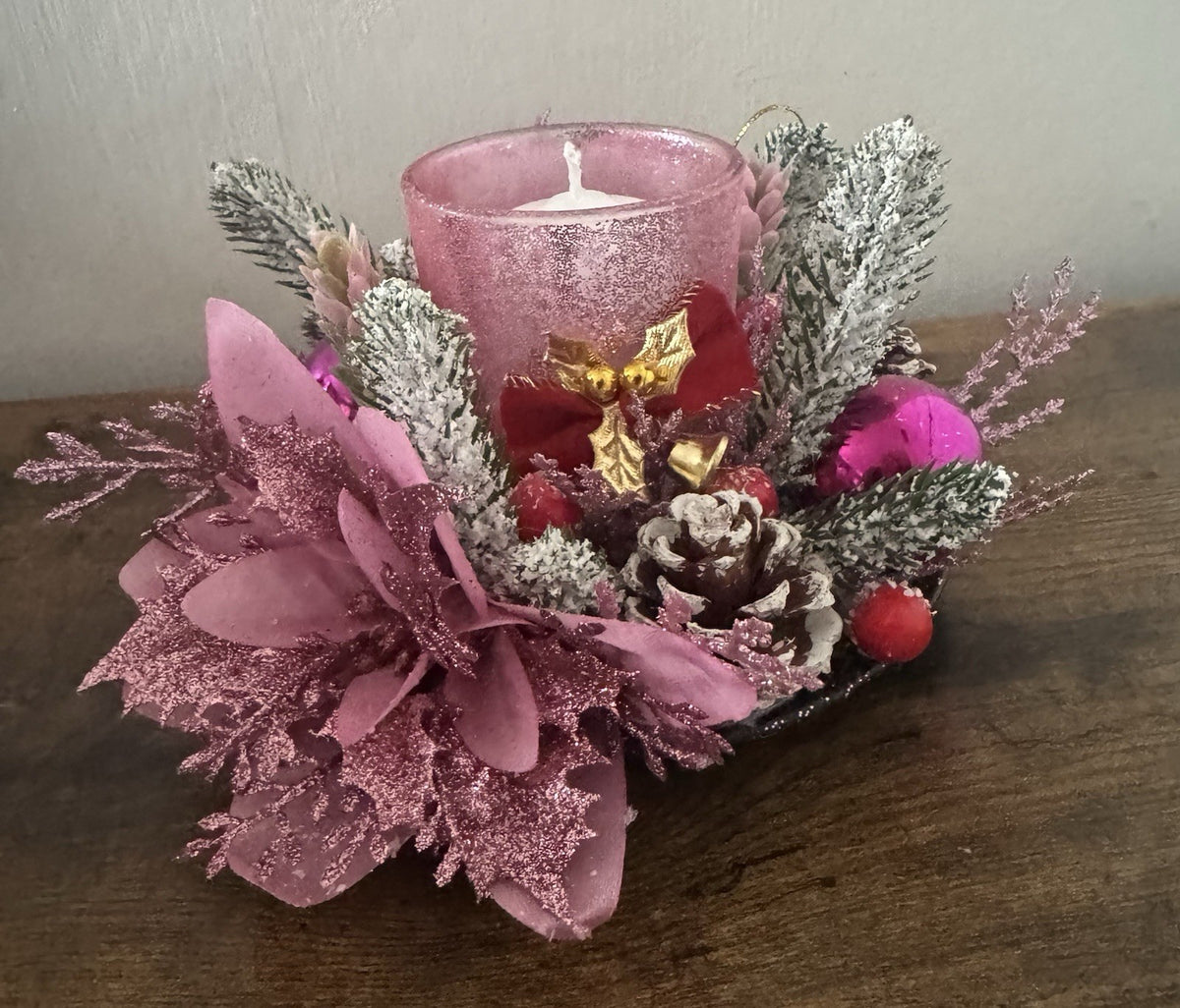 Handmade Pink Christmas Candle Centrepiece Festive Table Decoration Home Decor