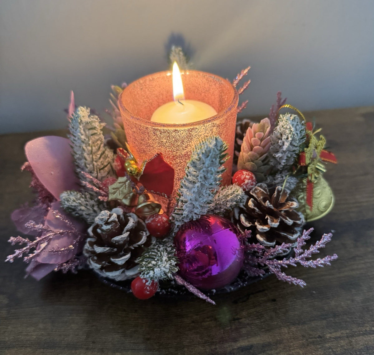 Handmade Pink Christmas Candle Centrepiece Festive Table Decoration Home Decor
