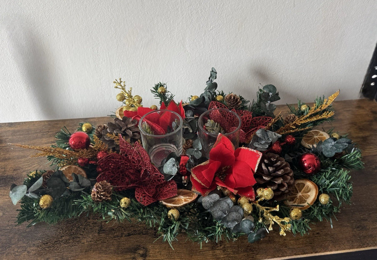 Christmas Table Centerpiece with Candle Red and Gold with Dried Eucaliyptus New