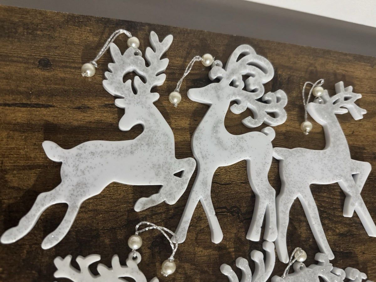 Set of 6 White & Silver Reindeer Christmas Tree Hanging Decorations with Pearl