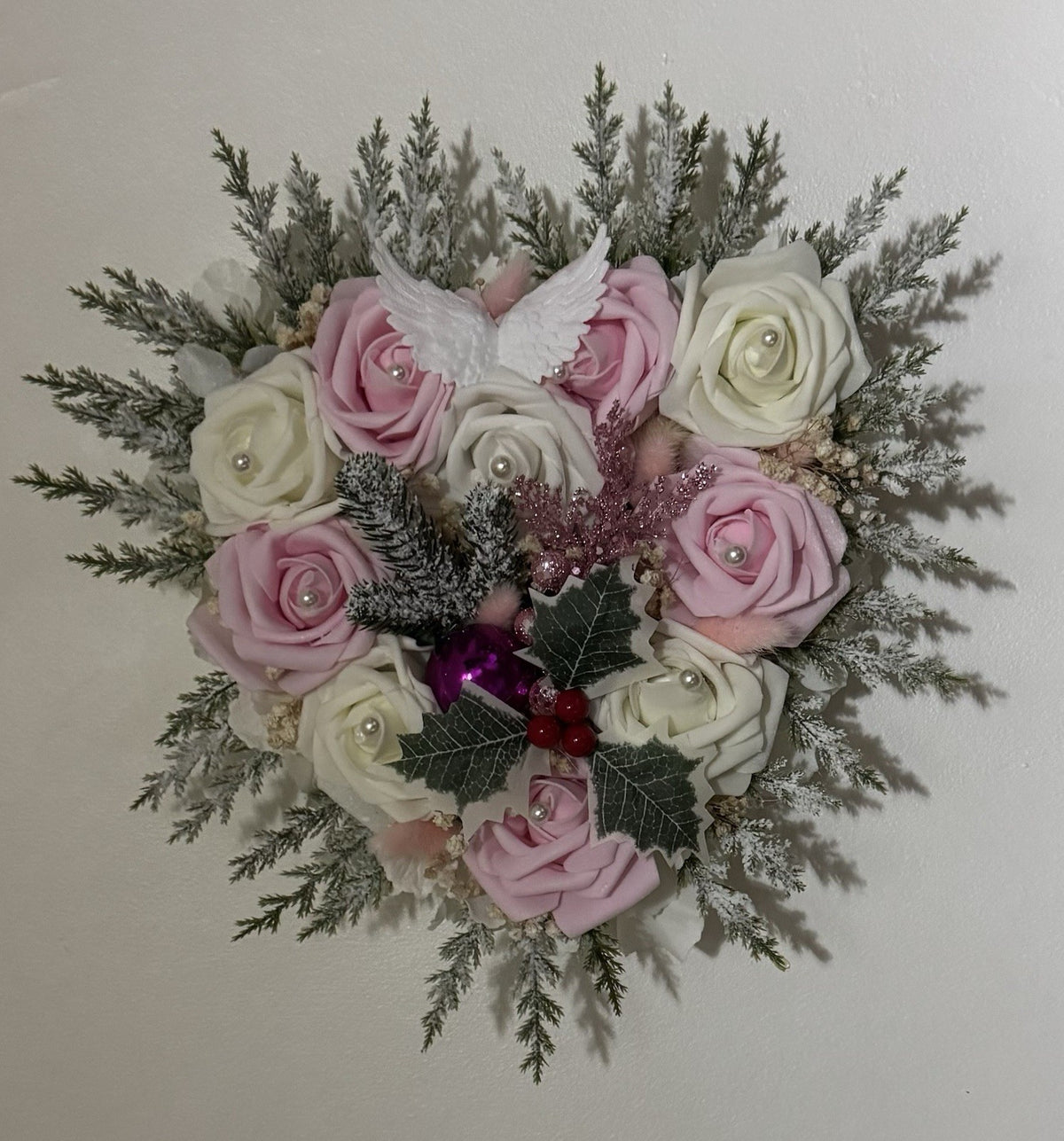 Handmade Christmas Funeral Wreath Heart Shaped Pink and White Dried Flowers