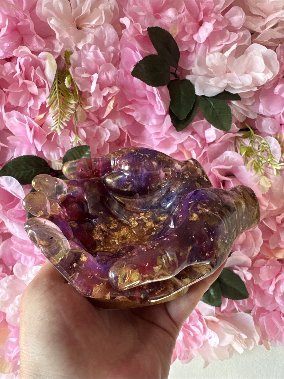 Handmade Resin Hands Bowl with Dried Roses & Gold Leaf Gift for Her, Home Decor