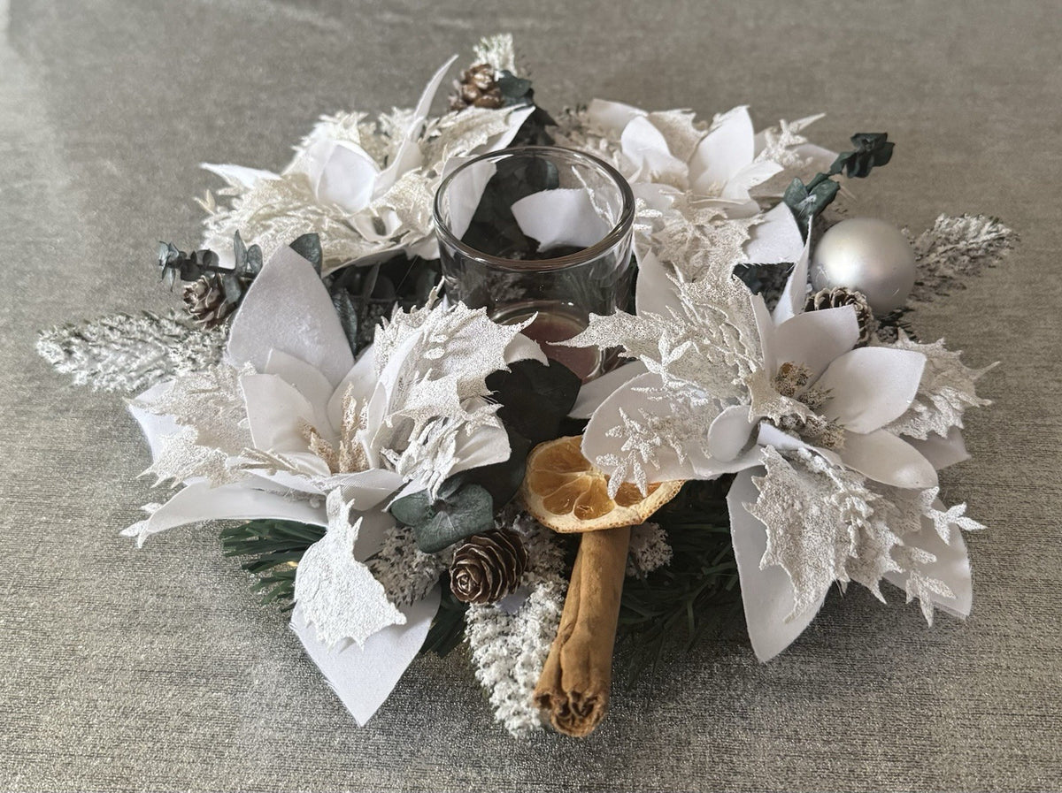 Christmas Table Centerpiece Green and White Poinsettias  And Dried Eucalyptus