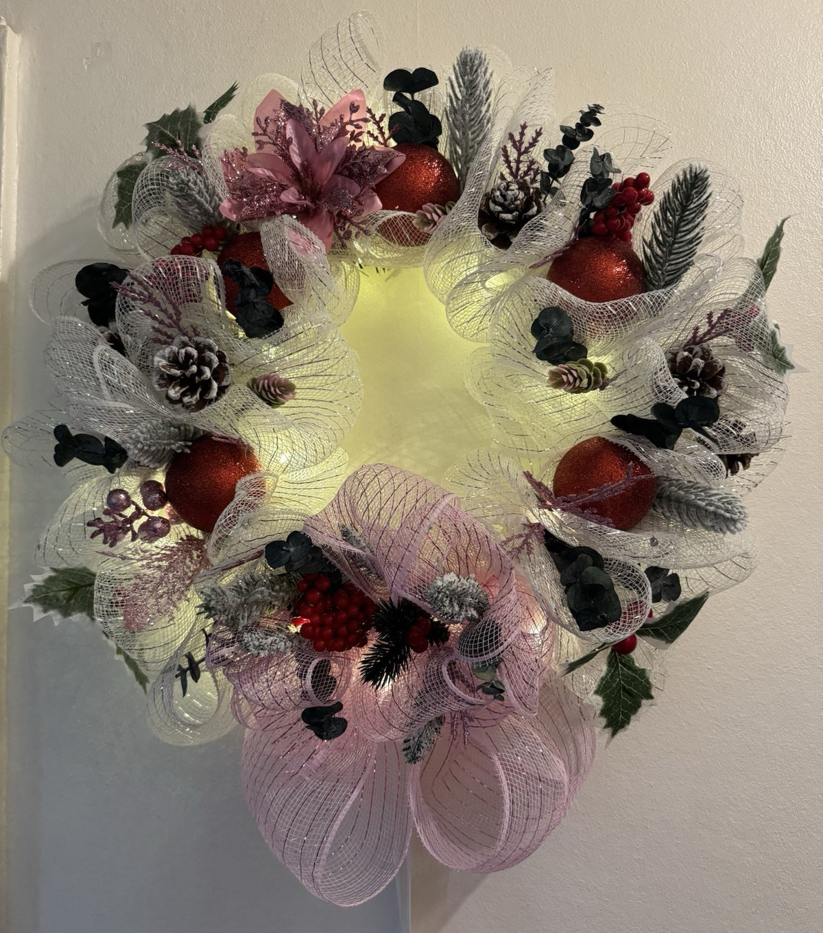Handmade Christmas Mesh Wreath Pink & White with Red Baubles & Pinecones 40 CM