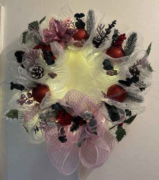 Handmade Christmas Mesh Wreath Pink & White with Red Baubles & Pinecones 40 CM
