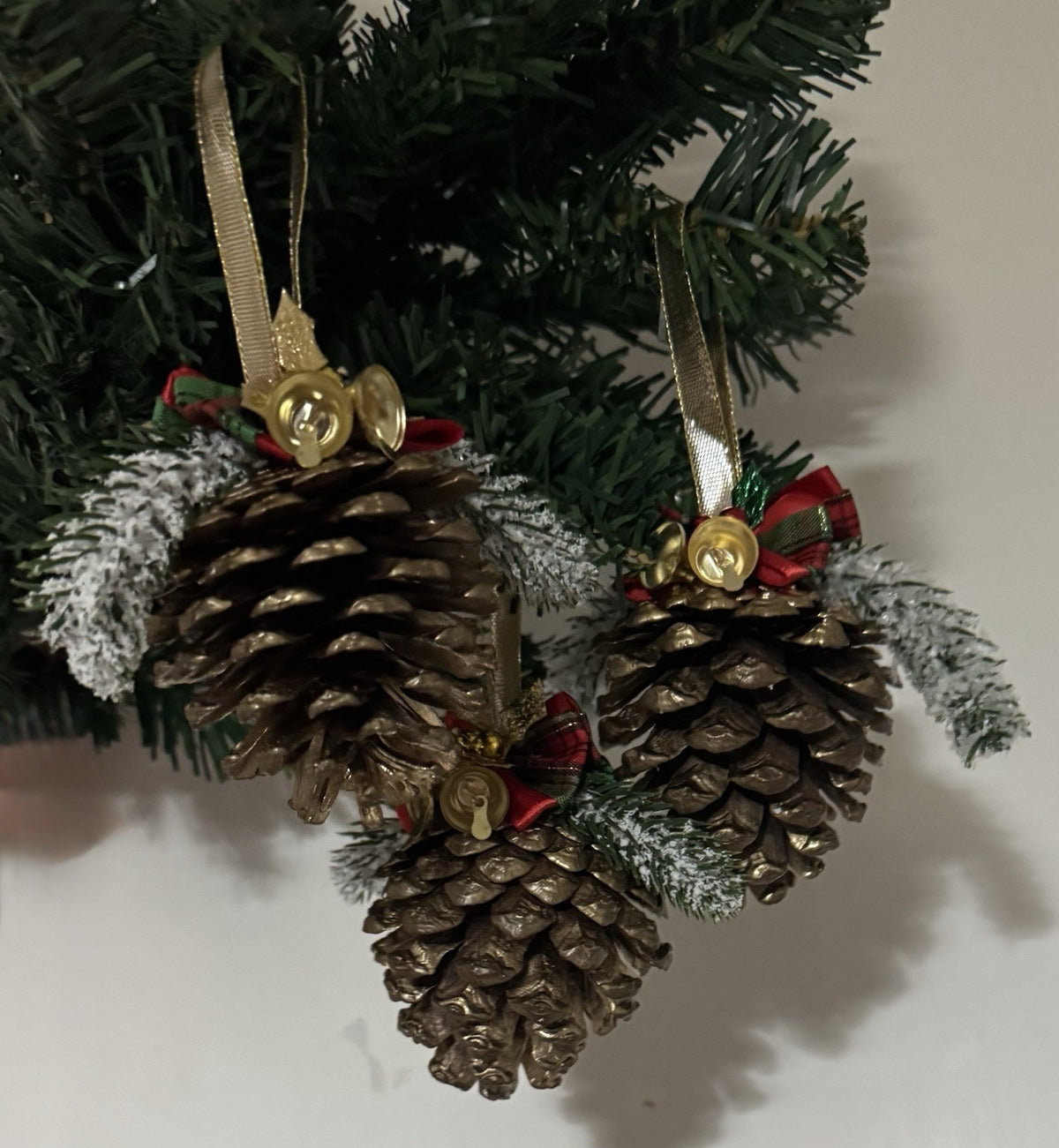 Set of 6 Handmade Pine Cone Christmas Ornaments with Bells & Festive Bows Rustic