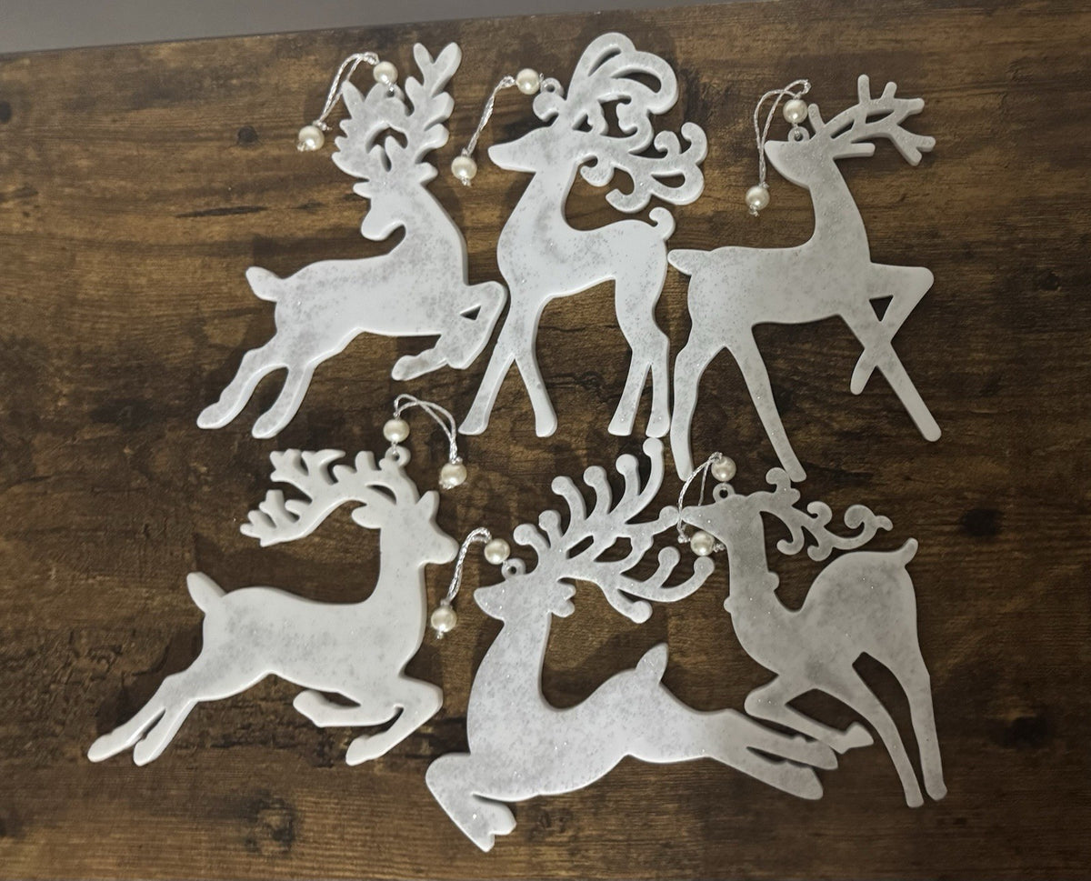 Set of 6 White & Silver Reindeer Christmas Tree Hanging Decorations with Pearl