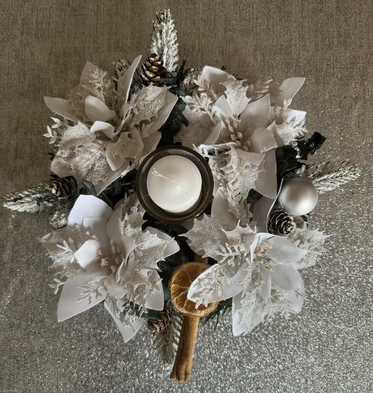 Christmas Table Centerpiece Green and White Poinsettias  And Dried Eucalyptus