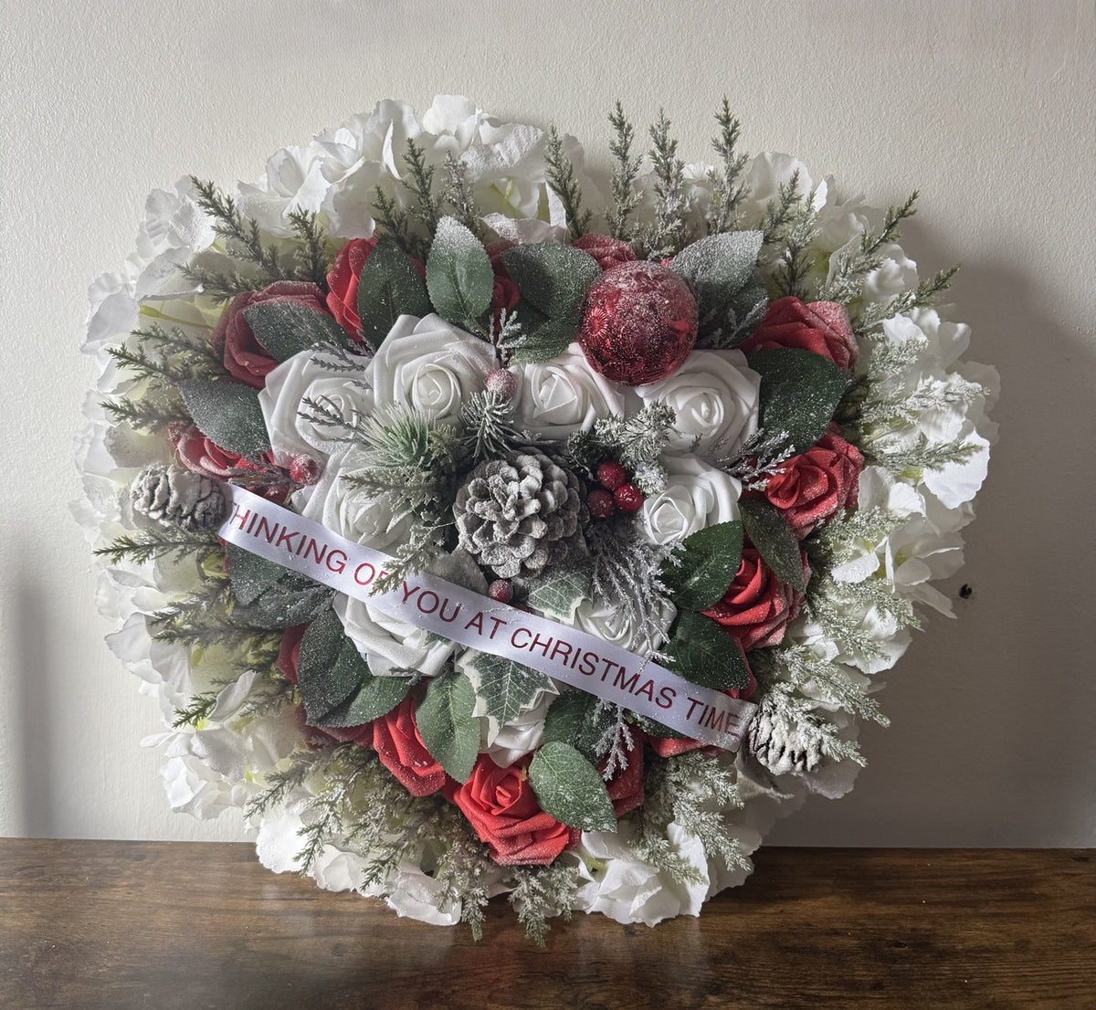 Christmas Heart Memorial Wreath Red White Roses Pinecone Frosted Artificial