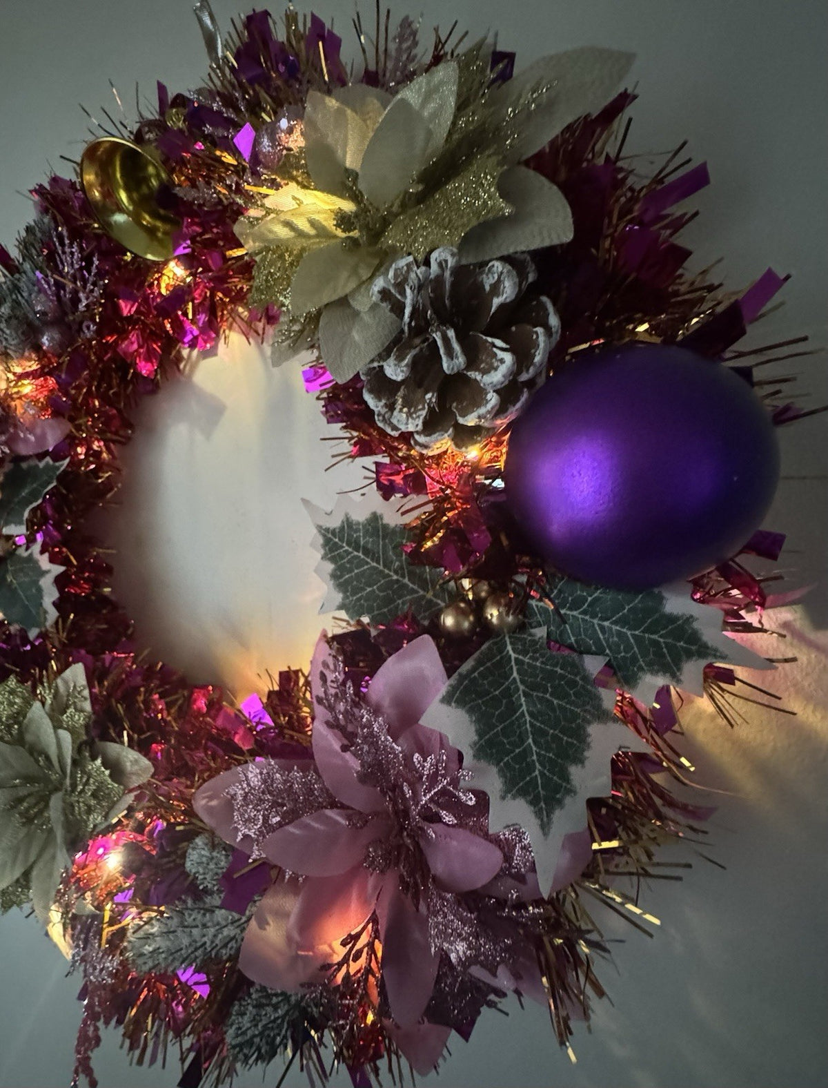 Christmas Wreath Purple and Gold with Lights for Front Door Christmas Wreath UK