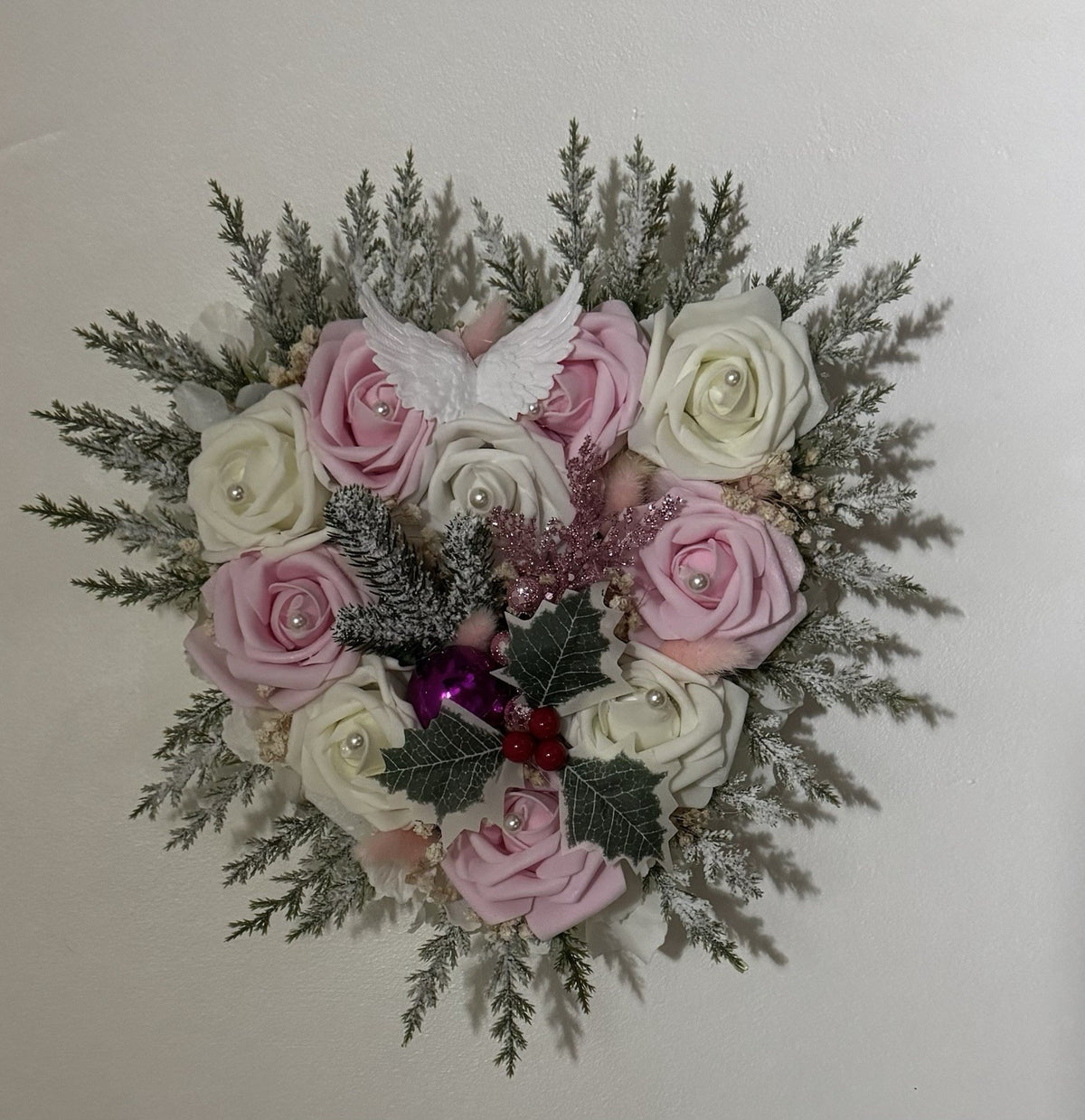 Handmade Christmas Funeral Wreath Heart Shaped Pink and White Dried Flowers